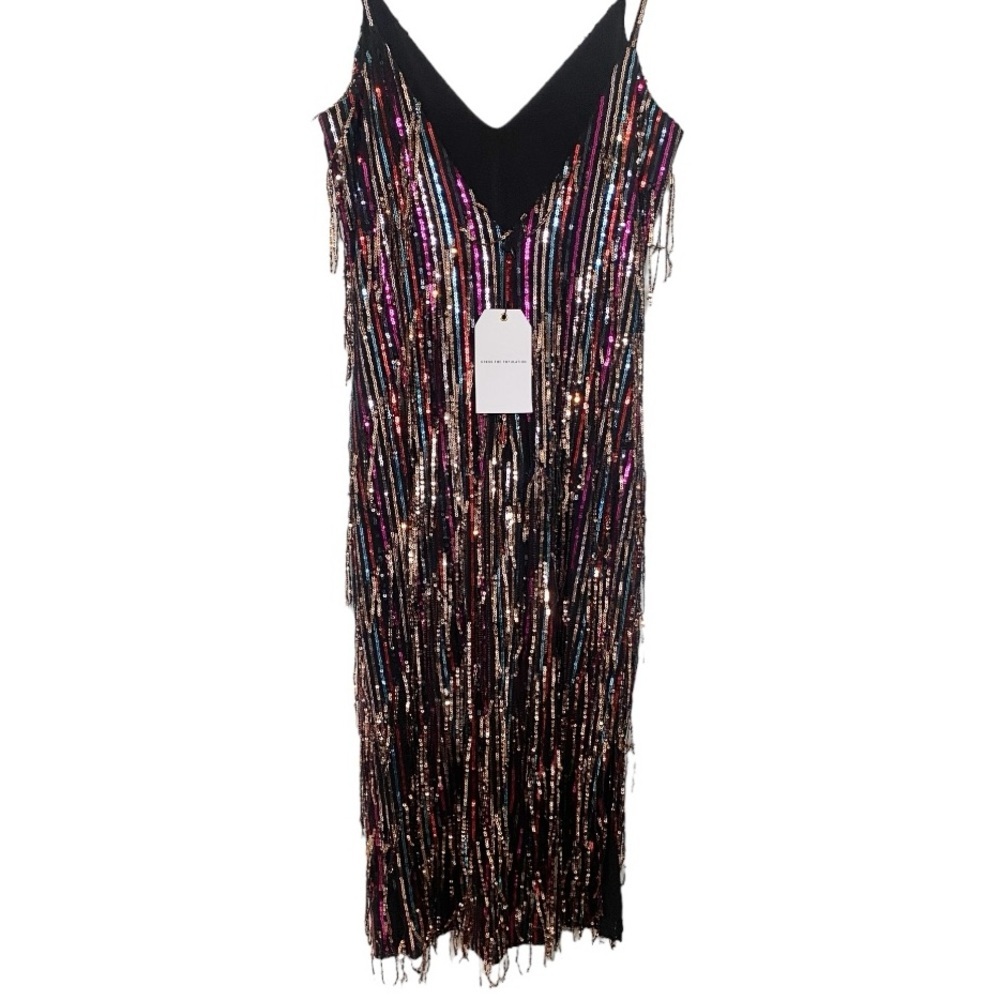 DRESS THE POPULATION Yvonne Rainbow Sequin Fringe Midi Dress Sz Medium - Picture 9 of 12